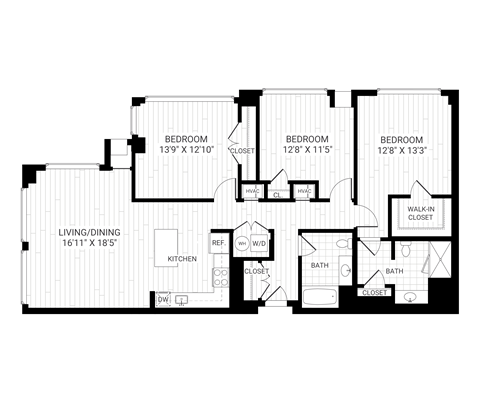 Floor plan for 3 beds, 2 baths, 1602 sqft